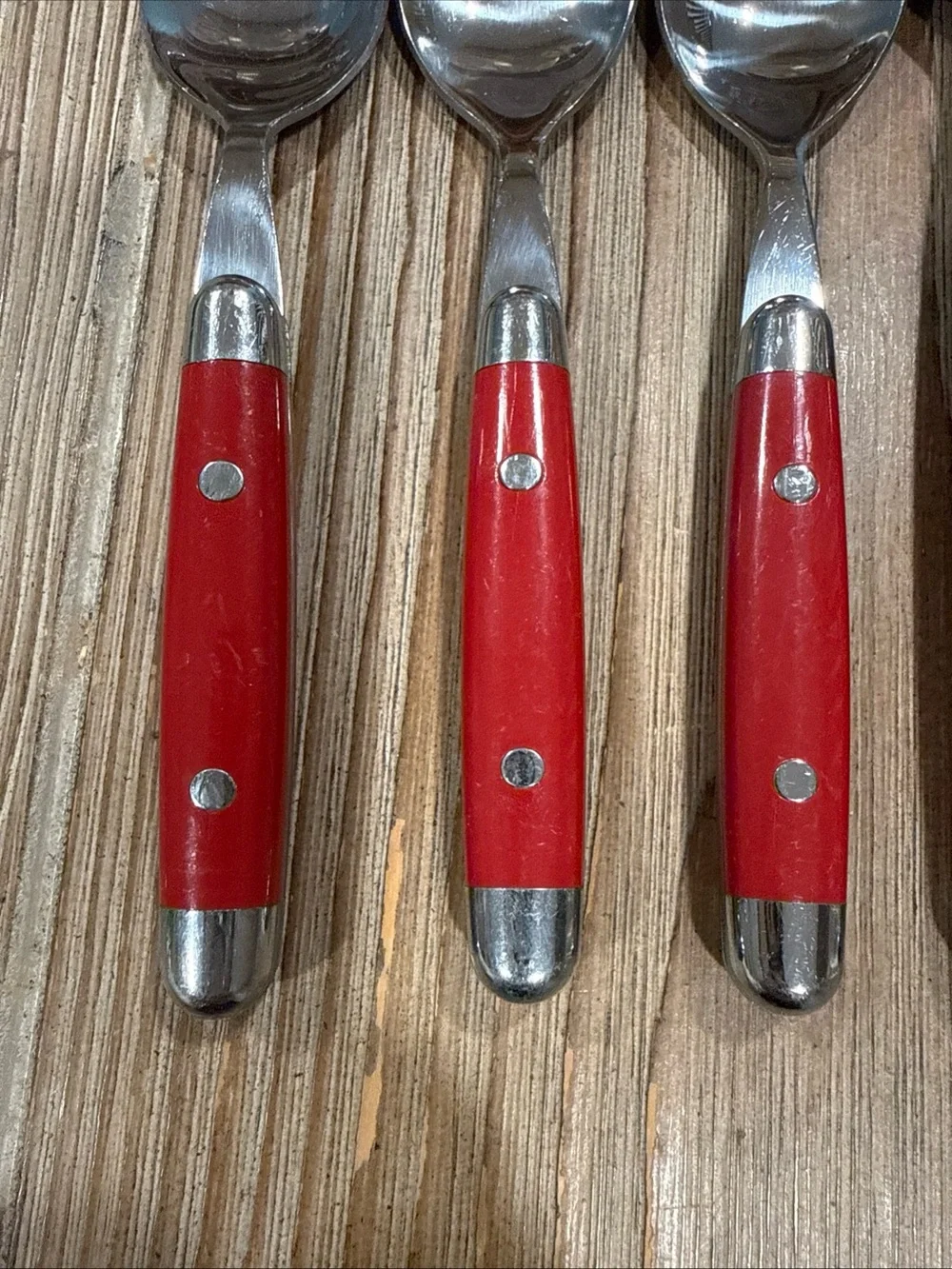 Vintage MCM Red Riveted Flatware 14 Pc Lot Stainless China X Knives Forks Spoons